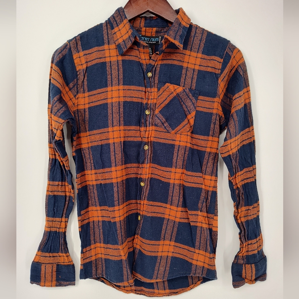 Street Rules Boys Navy and Orange Plaid Flannel Button Down Shirt Size 18